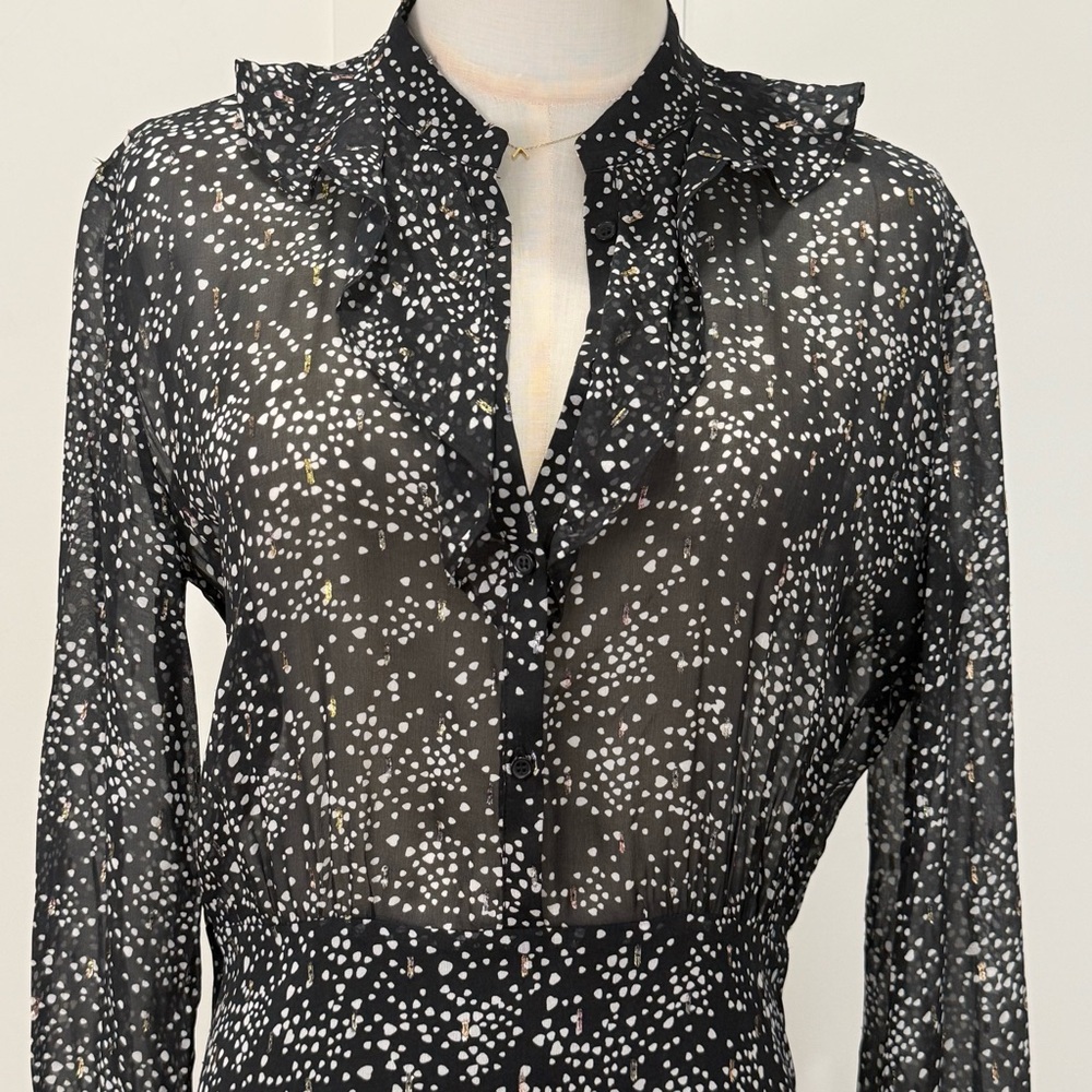 Maje Tiered Printed Metallic Fil Coupé Midi Dress 38 Medium Black Silk Wedding - Picture 9 of 16